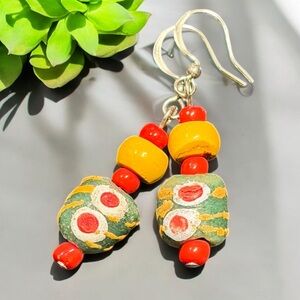 Handcrafted Colorful Beaded Earrings sandcast, trade beads, moukaite